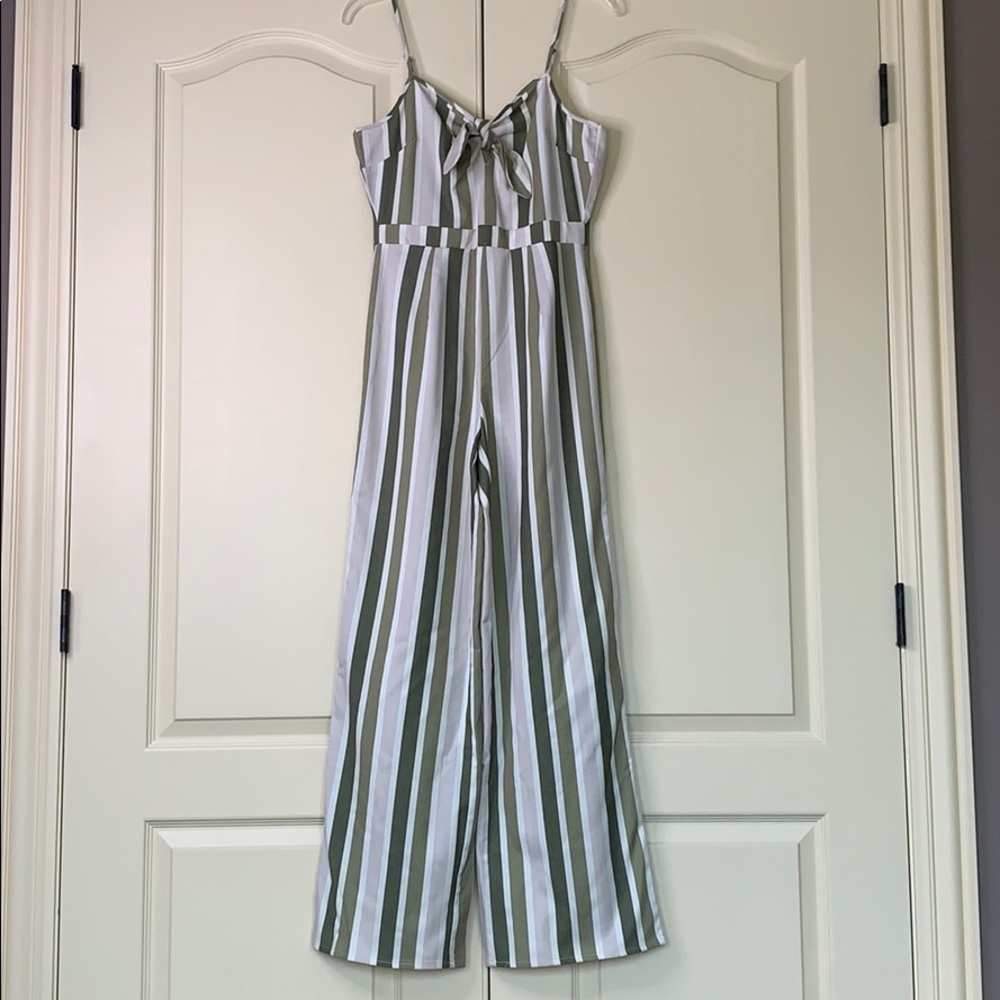 Green, cream, beige, striped jumpsuit